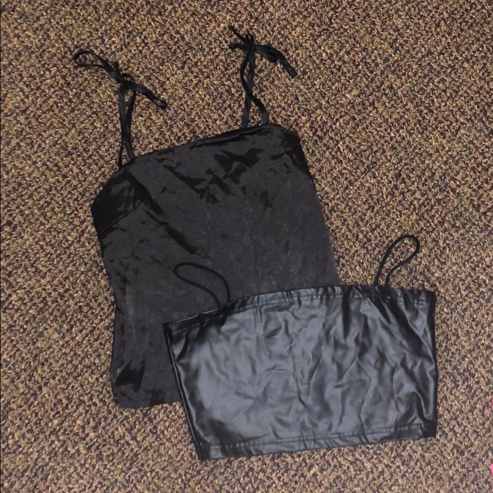 Bundle of leather cami and silk cami crop tops